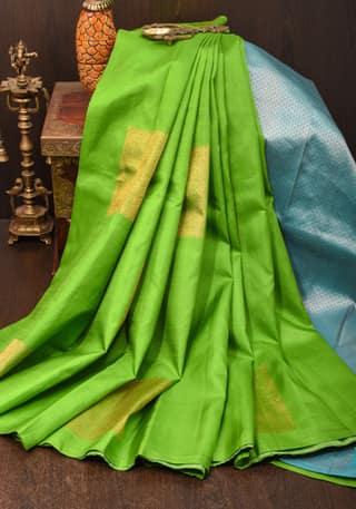 Kelly Green Borderless Kanjivaram Soft Silk Saree with geometric zari motifs and contrast Turquoise pallu | SILK MARK CERTIFIED
