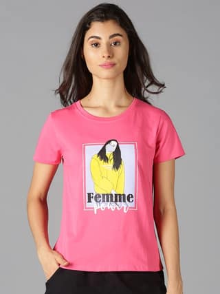 Cotton Pink Graphic Casual T-Shirt