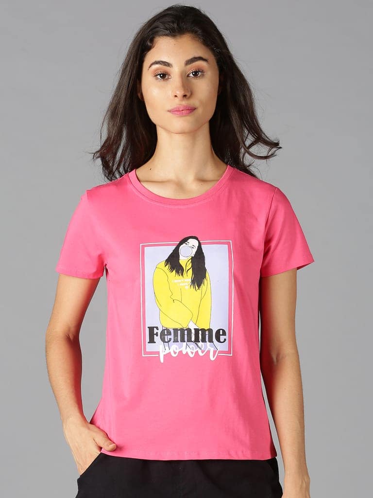 Cotton Pink Graphic Casual T-Shirt