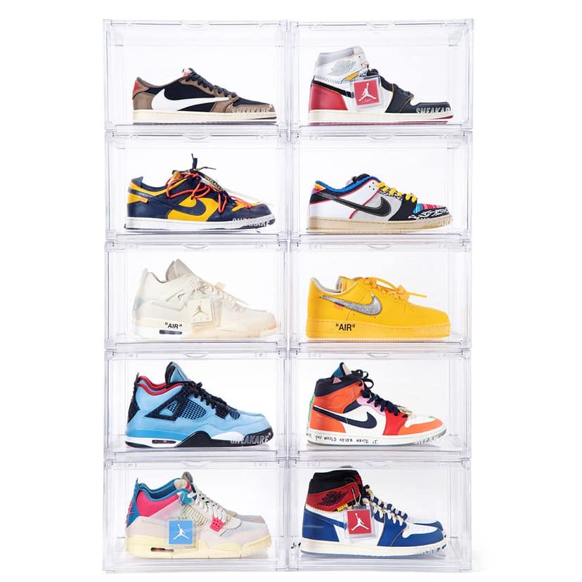 SNEAKARE Shoe Storage Organizer (Clear), Heavy-Duty Sneaker Box, Stackable Storage Box with Magnetic Closure, Multipurpose Large Storage Box, Fits Size UK14, Plastic