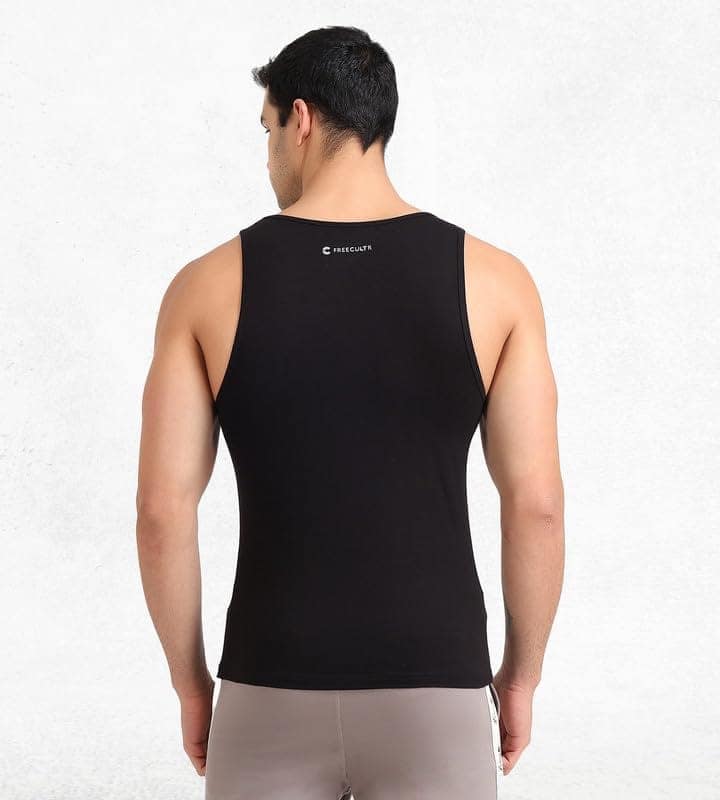Freecultr Cotton Vest for Men Sleeveless Lightweight Solid Round Neck Comfort Vests Breathable & Comfortable Innerwear Sando for Man Regular Fit Pack of 1-Black view 7