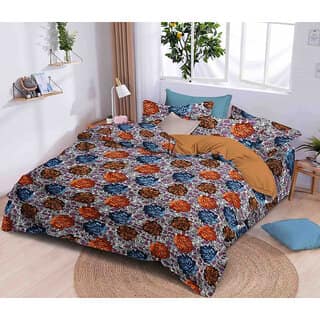Black Bee Orange Blue Flowers Print Double Bedsheet With 2 Pillow Covers (208 X 213 Cm)(Bs4-04)