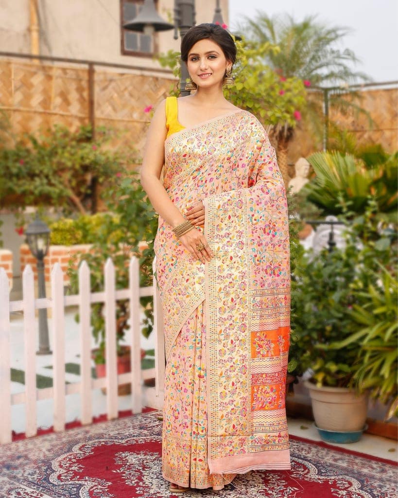 Banarasi Silk Saree Pastel Pink & Multicolor Color with contrast pallu and blouse-3066
