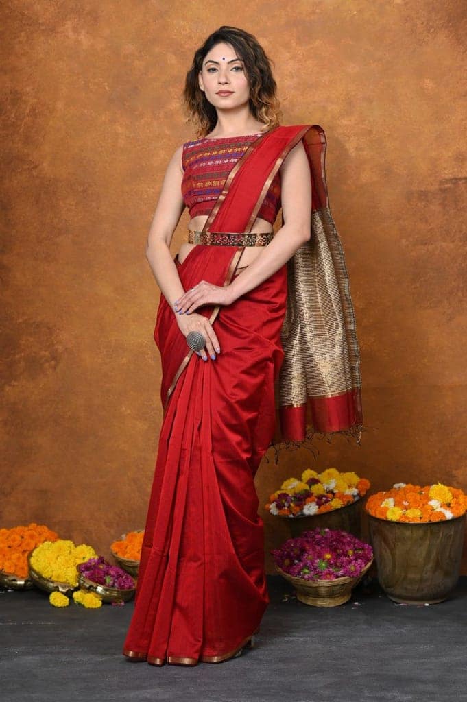 Handloom Cotton Silk Saree With Sleek Golden Border~ Red view 2