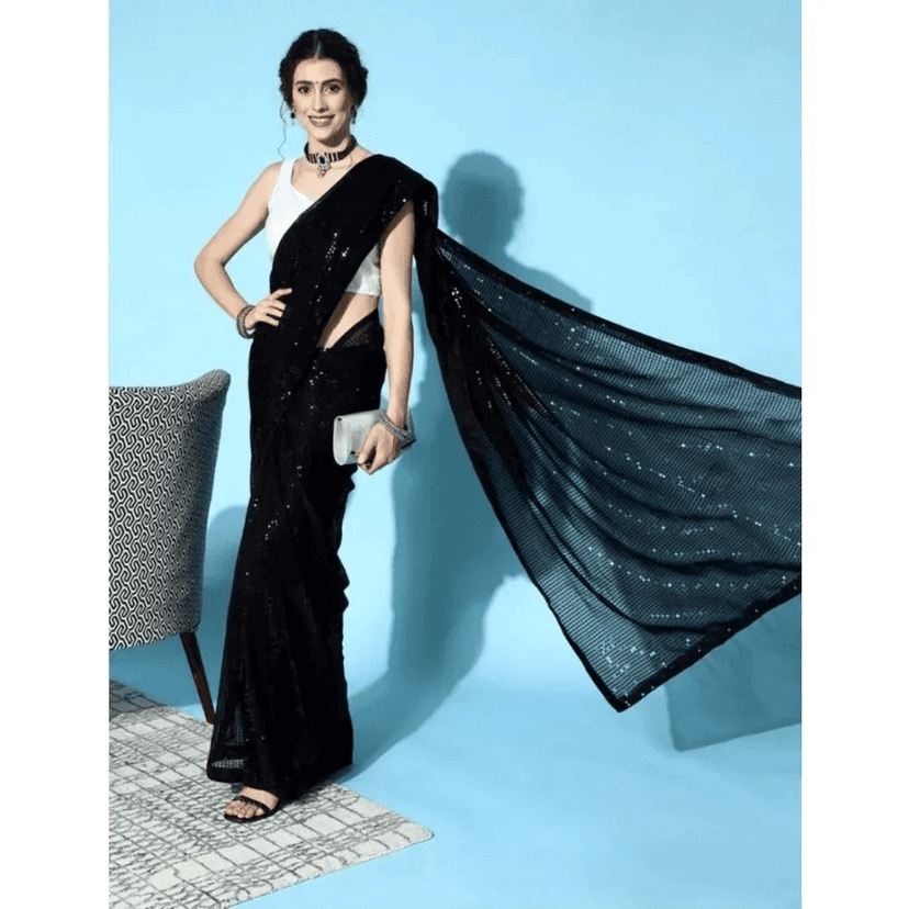 Generic Women's Georgette Embellished Sequnece Bollywood Saree With Unstitched Blouse 5.5Mtr (Black)