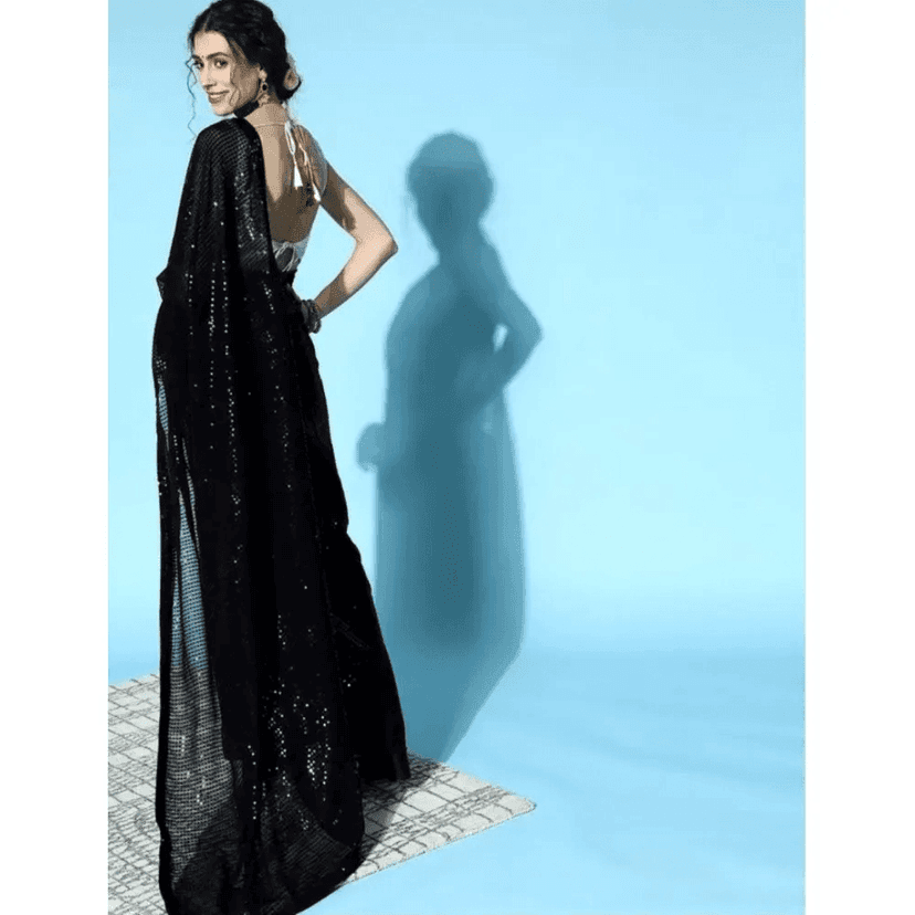 Generic Women's Georgette Embellished Sequnece Bollywood Saree With Unstitched Blouse 5.5Mtr (Black) view 2