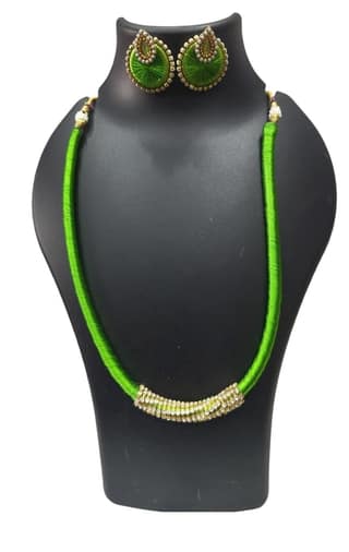 Green Silk Thread Necklace Set with Stone and Pearl Detailing