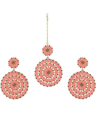 Gold Plated Stone and Diamond Studded Maang Tikka with Dangler Earrings for Women and Girls (Dark Green)