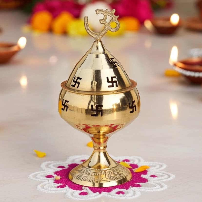 Brass Table Decor Oil Lamp Om Pakija Deepak - Premium Brass Lamp for Puja D?cor, Height : 4.1 Inch (ZMAS164 E)
