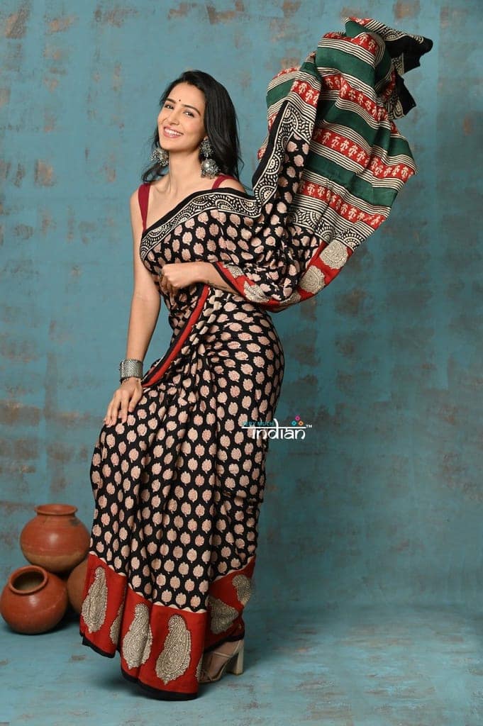 Handloom Modal Silk Saree With Ajrakh Handblock Print With Eco-Friendly Vegetable Dye~ Black view 3