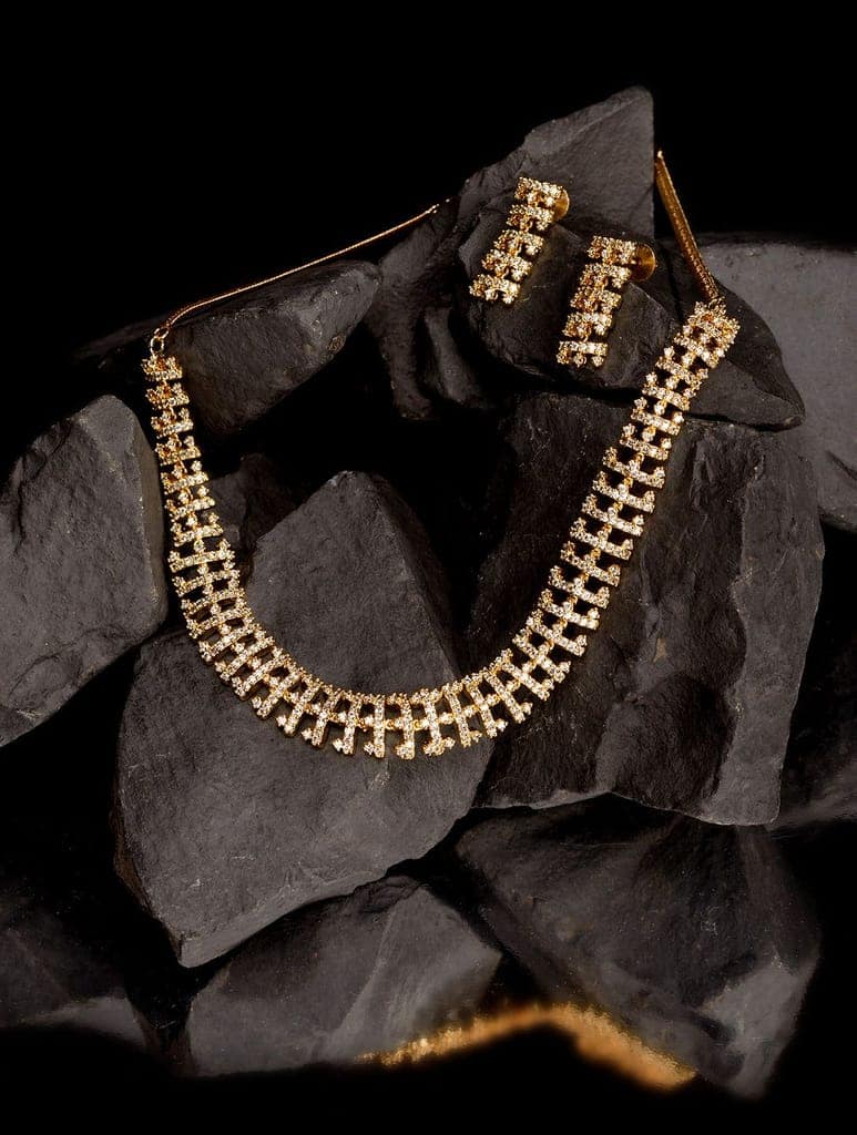 Gold Plated white AD Studded fancy Choker Necklace and Earrings Set view 2