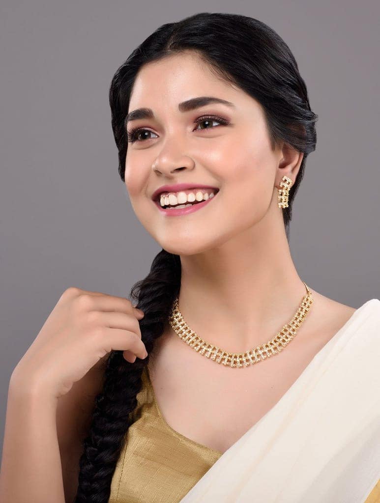 Gold Plated white AD Studded fancy Choker Necklace and Earrings Set view 3