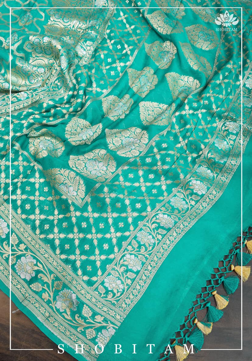 Banarasi Silk Georgette Saree in Alfi Sona Rupa Jaal Weave in Tiffany blue with Stacked border | SILK MARK CERTIFIED | Sarees By Shobitam view 5