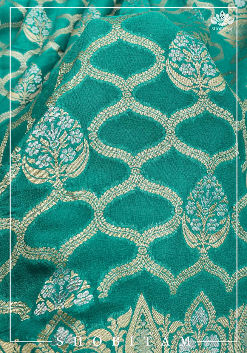 Banarasi Silk Georgette Saree in Alfi Sona Rupa Jaal Weave in Tiffany blue with Stacked border | SILK MARK CERTIFIED | Sarees By Shobitam view 8