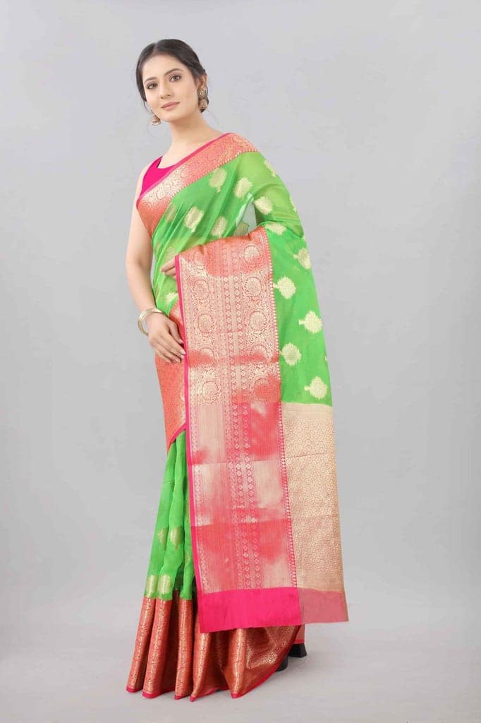 Light Green &amp; Gold Zari Woven Banarasi Silk Saree view 2