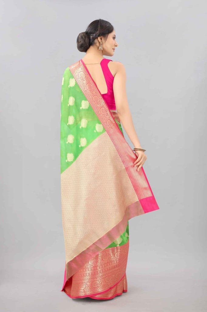 Light Green &amp; Gold Zari Woven Banarasi Silk Saree view 3