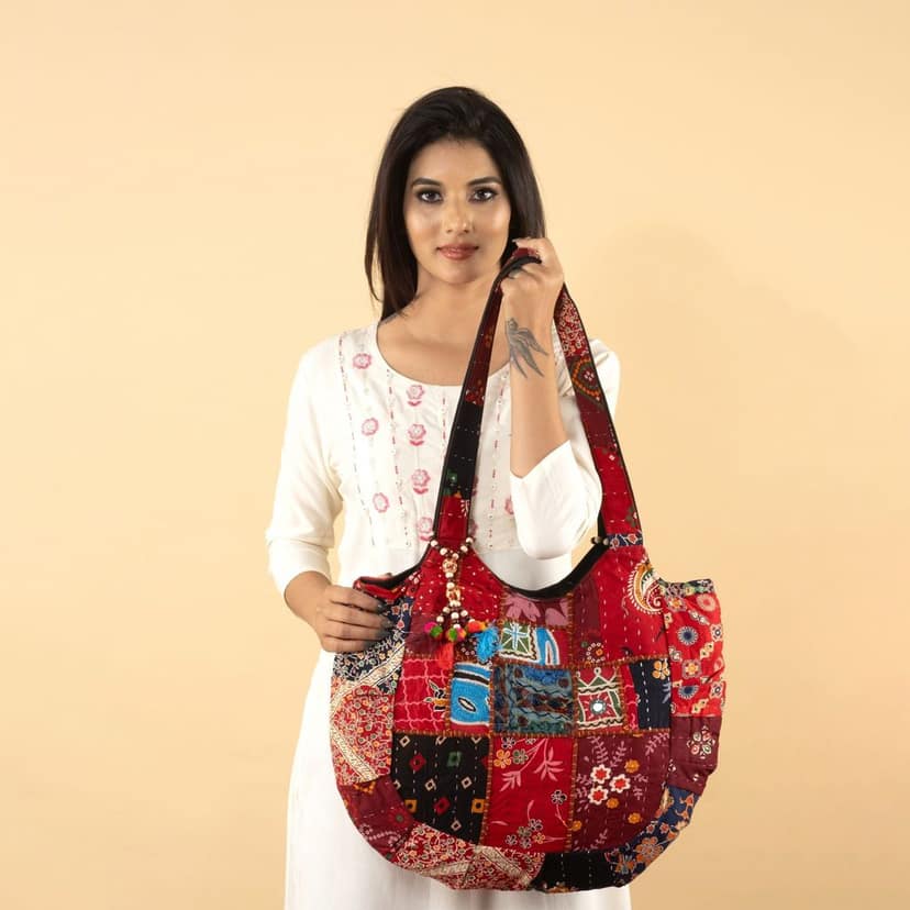Rajasthani Embroidered Shoulder Bag, Pure Cotton Shoulder Bag With Handmade Beautiful Patchwork view 5