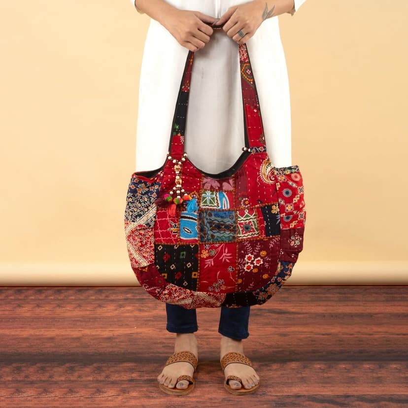 Rajasthani Embroidered Shoulder Bag, Pure Cotton Shoulder Bag With Handmade Beautiful Patchwork view 8