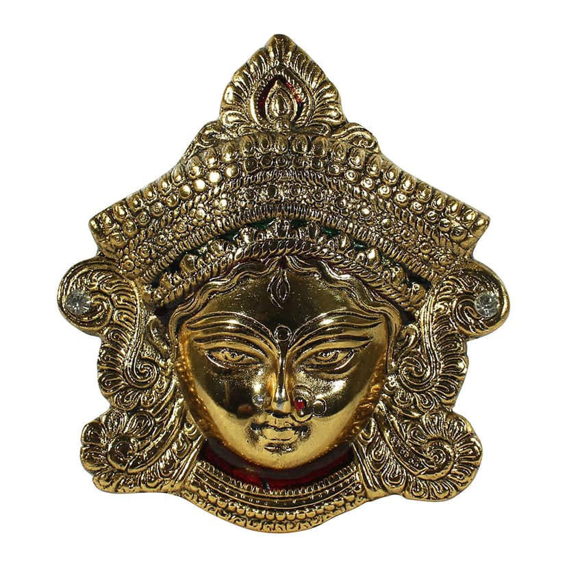 Dreamkraft White Metal Finish Goddess Maa Durga Face Sculpture Diwali Navratri Durga Pooja Decoration (Golden - 15.5 X 14 X 5 cm)