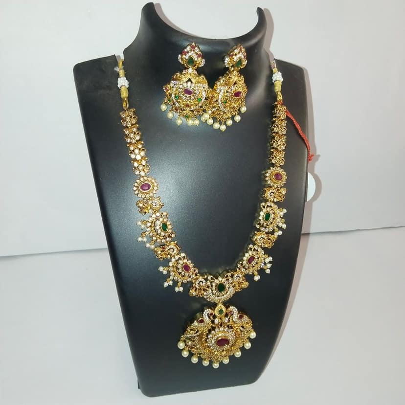 Stunning Antique Gold Necklace Set with Peacock Pendant and Pearl Accents" view 2