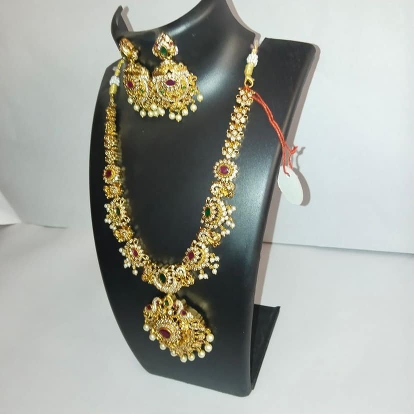 Stunning Antique Gold Necklace Set with Peacock Pendant and Pearl Accents" view 3