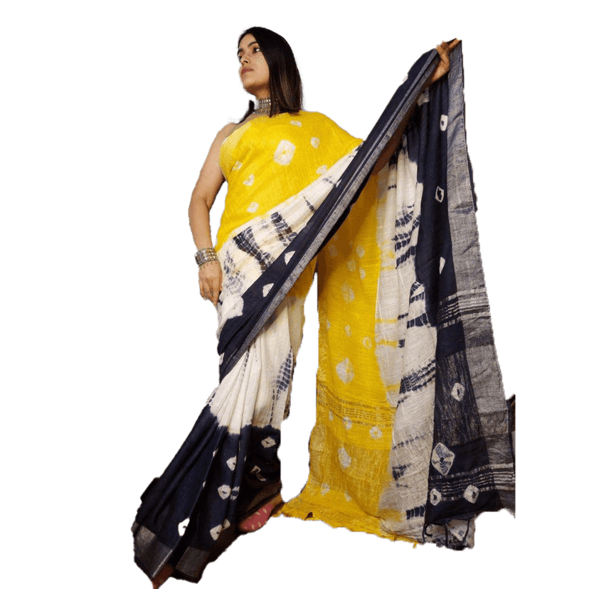 TheHangr Women's Beautiful Linen Cotton Floral Design Saree With Blouse Piece - White-Black-Yellow