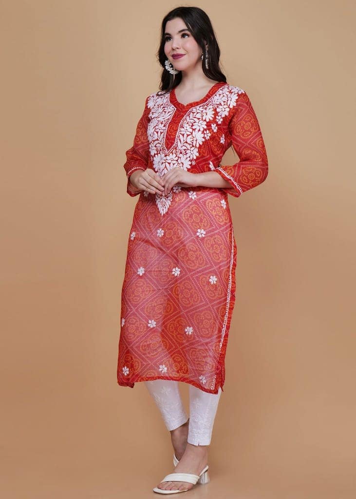 Traditional Kota Chikankari Straight Kurta - Red view 3