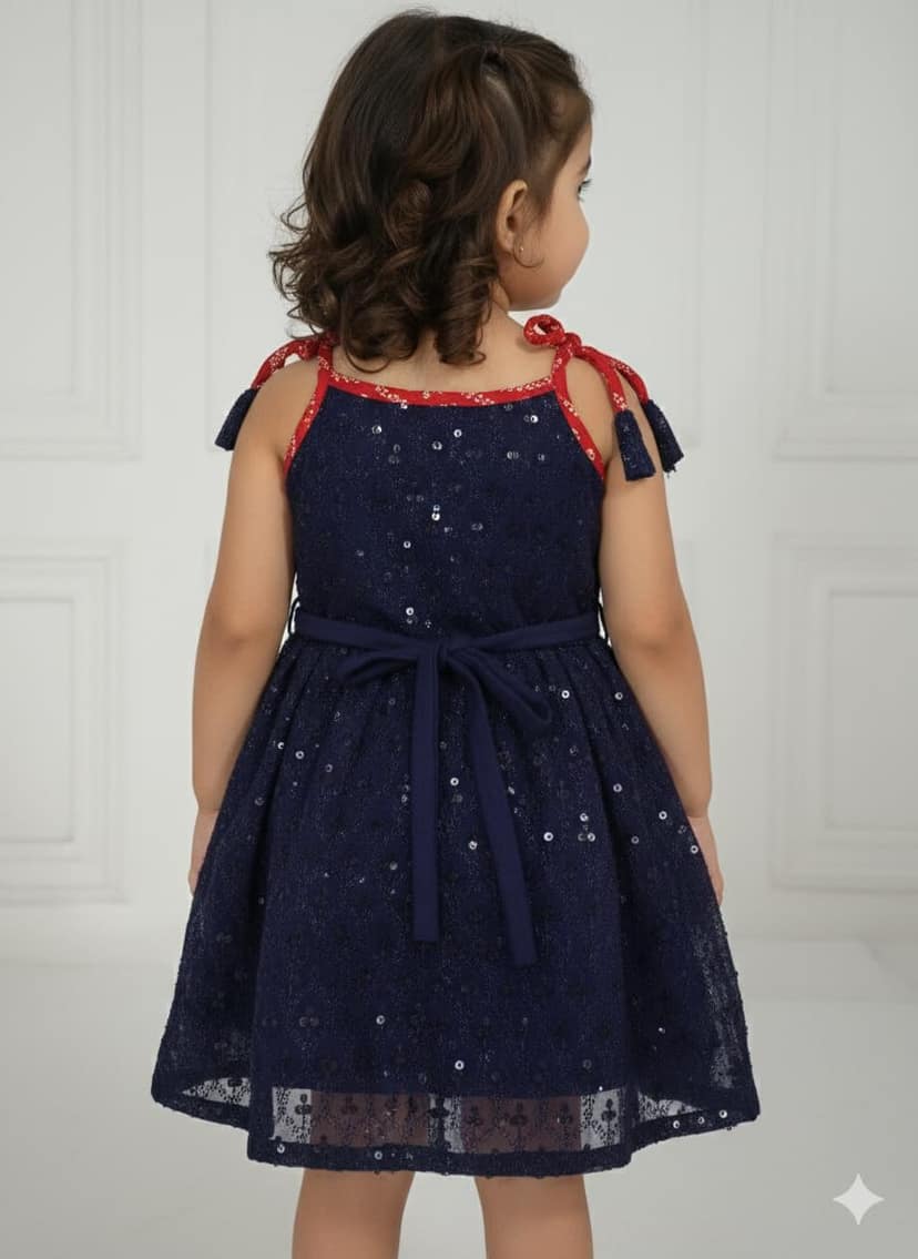Mom and Me Baby Girls Pure Cotton Chikankari Frock with Bandhani Border | Sleeveless Shoulder Strap Dress | Soft Cotton Lining | Summer Wear (in, Age, 3 Months, 6 Months, Regular, Navy Blue) view 2