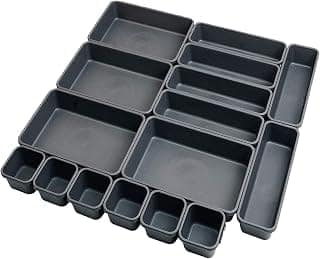 Styxon Interlocking Drawer Organizer (16 PCS) Bins - Durable Plastic, Various Sizes for Custom Layout Design. Great for Desk Drawer, Tool Box or Garage Organization | Black