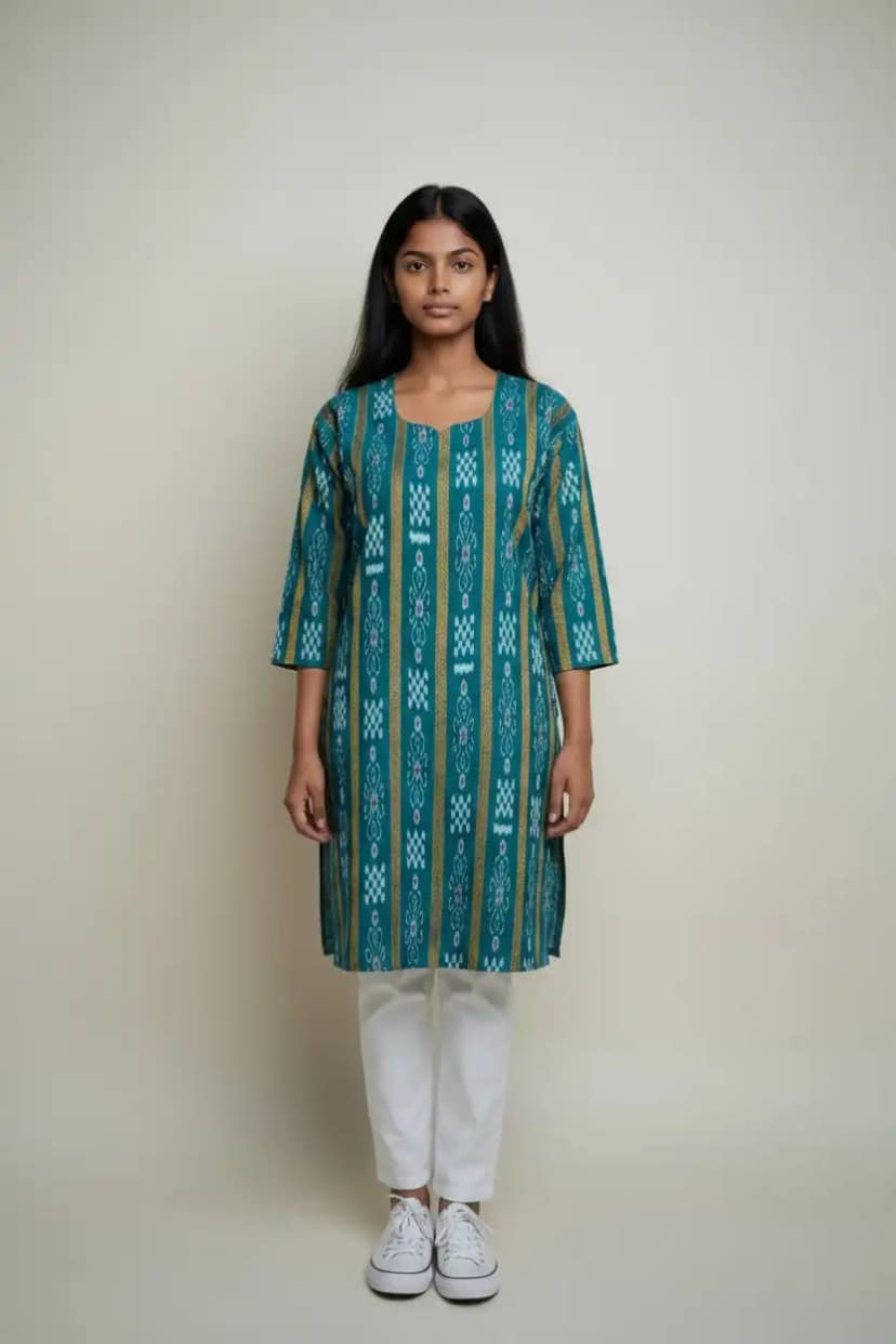Sambalpuri Bandhakala Handloom Cotton Kurti in Blue view 3