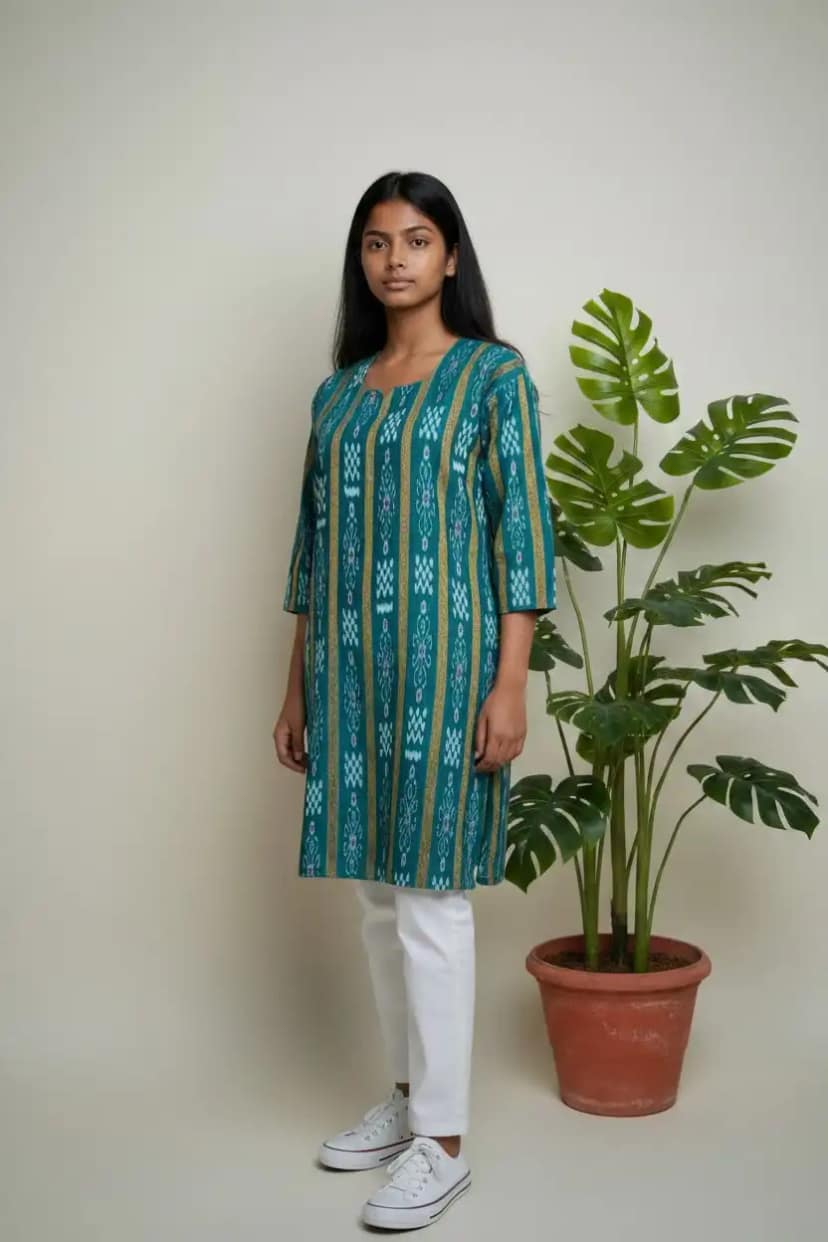 Sambalpuri Bandhakala Handloom Cotton Kurti in Blue view 4