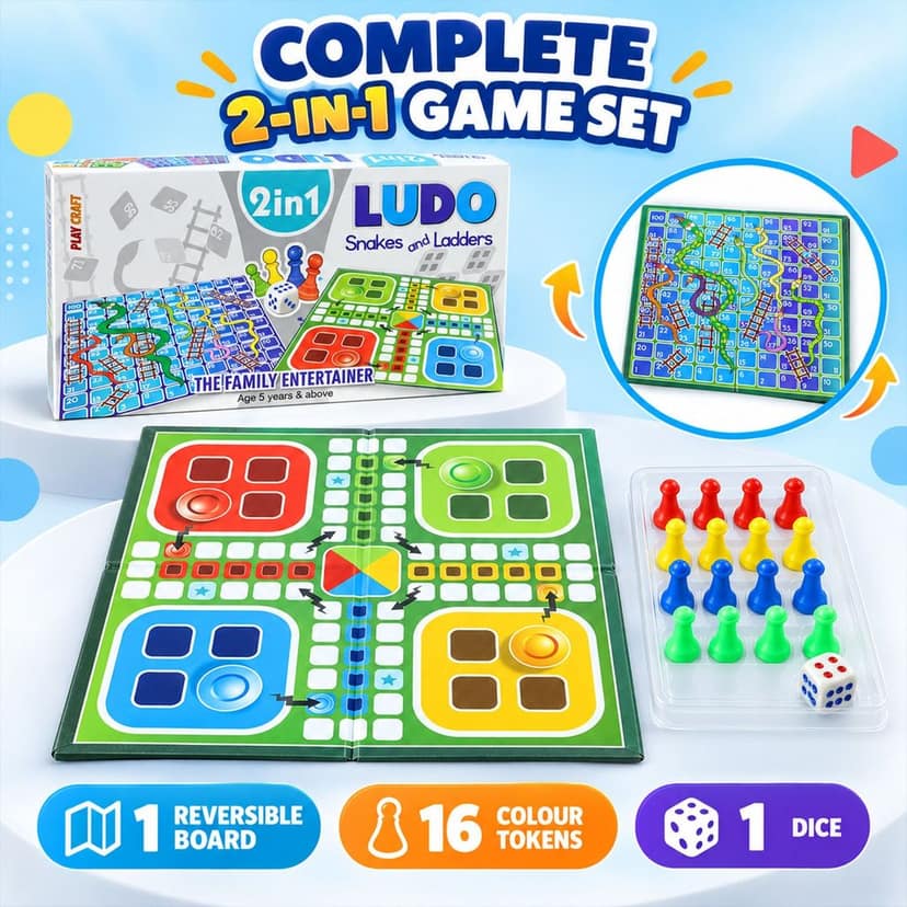 Ludo and Snakes and Ladders Foldable Board Game for Family Play (2 in 1) view 2