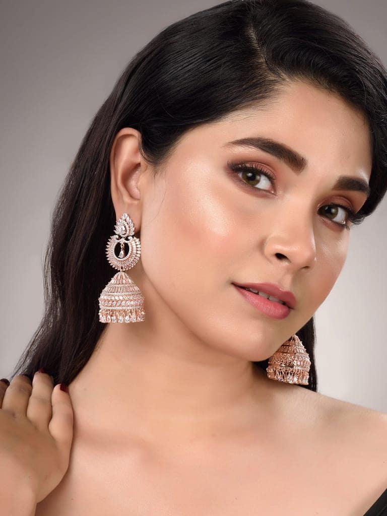 Rose Gold Plated White AD Studded Lightweight Jhumka Earrings view 3