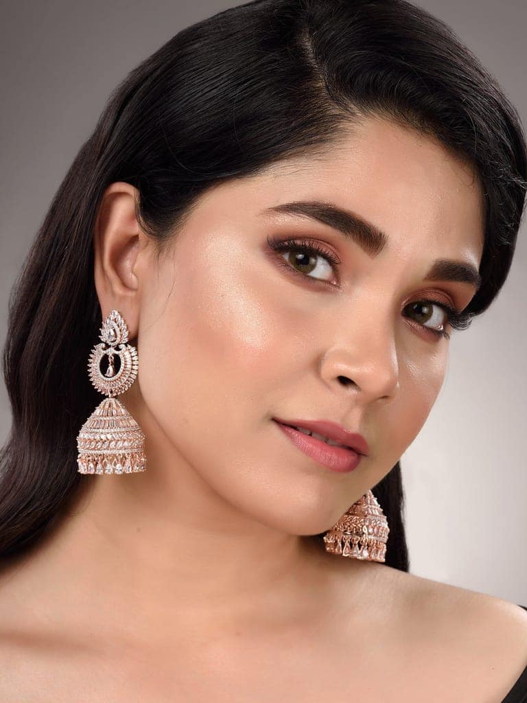 Rose Gold Plated White AD Studded Lightweight Jhumka Earrings view 4