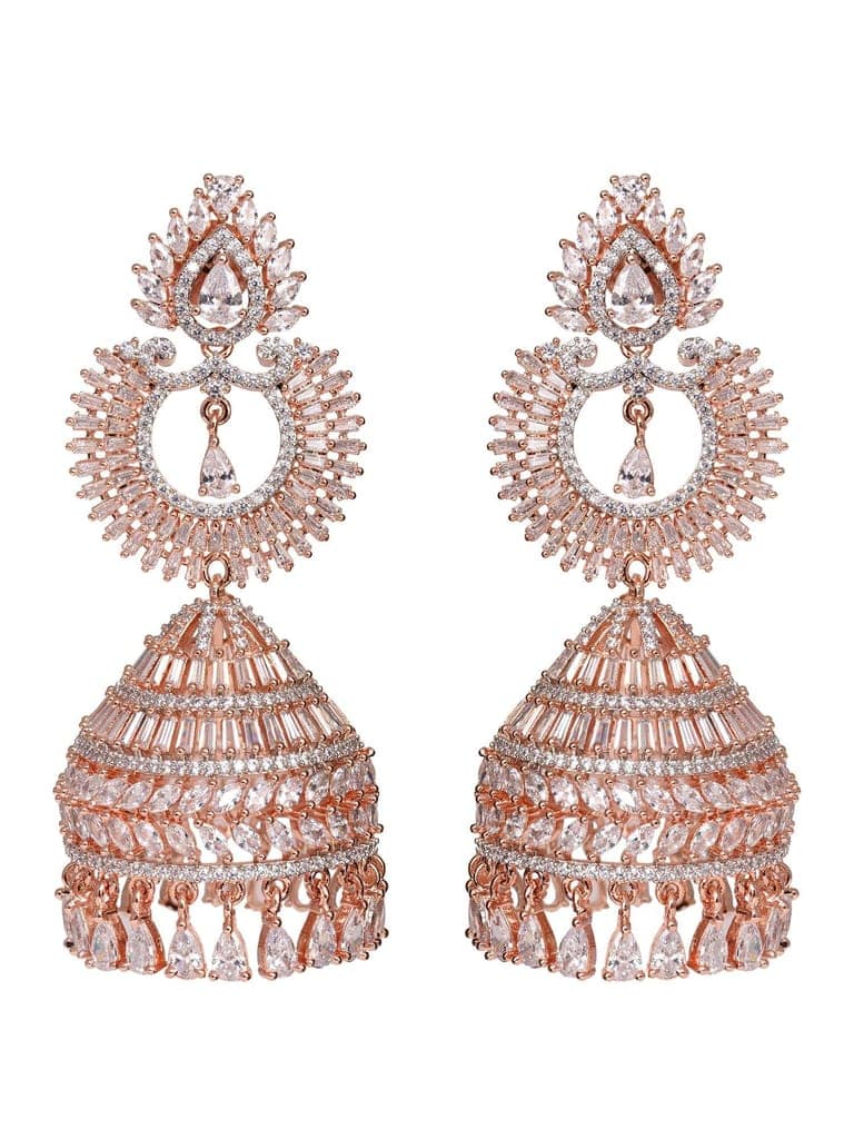 Rose Gold Plated White AD Studded Lightweight Jhumka Earrings view 5