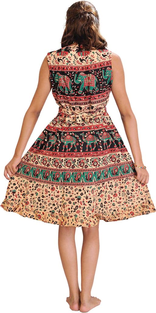 Peach And Marine Sanganeri Summer Dress with Printed Camels and Elephants view 2