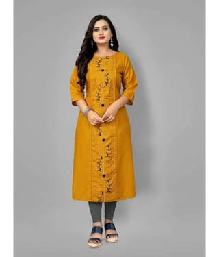 RIAANA - Mustard Cotton Blend Women's Straight Kurti ( Pack of 1 )