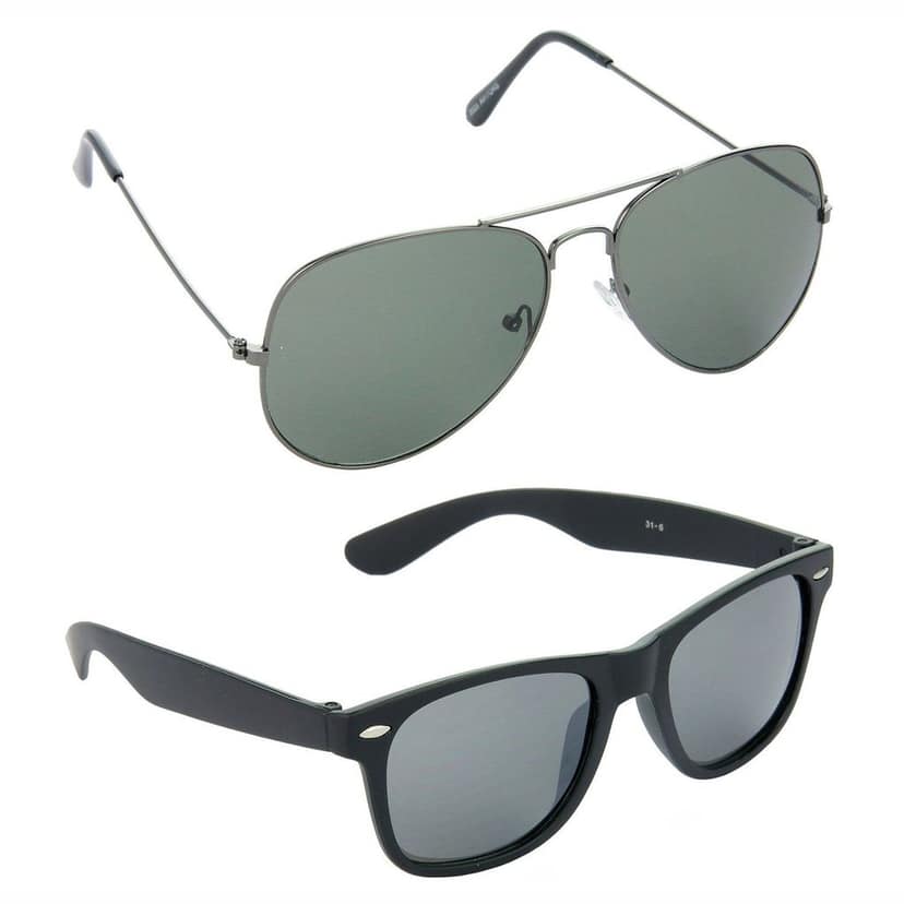 HRINKAR Men Women Boys & Girls Pilot & Rectangular Sunglasses Grey & Black Frame, Green & Black Lens (Medium) Pack of - 2