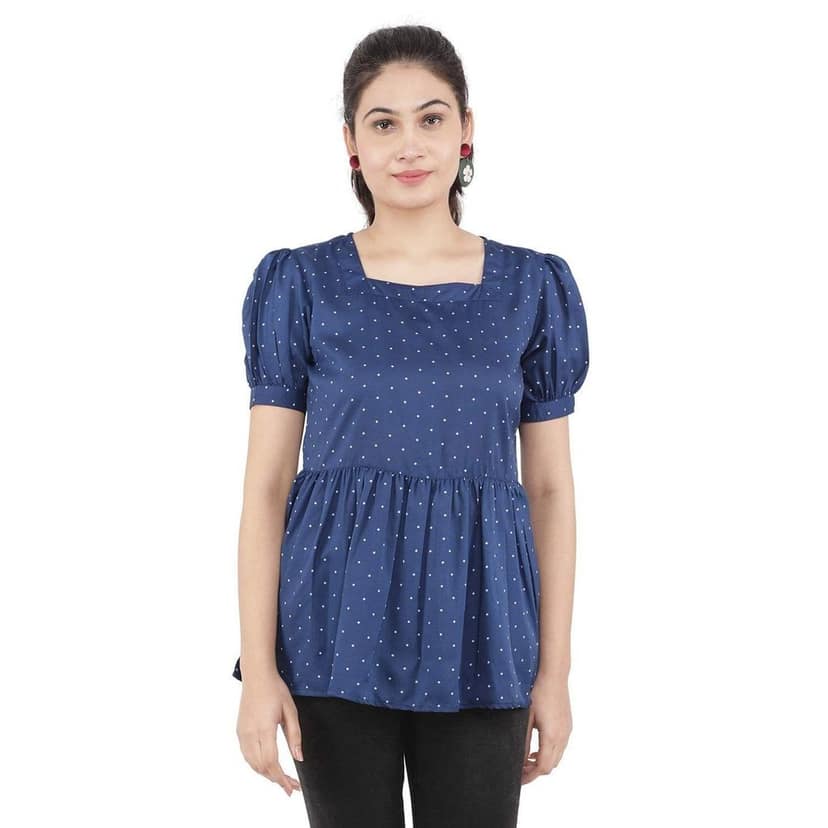 KULFI Women's Navy Blue Polka Dots Print Polyester Top