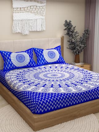 Lali Prints Blue Ethnic Block Printed Cotton 130 TC Queen Bedsheet 2 Pillow Covers
