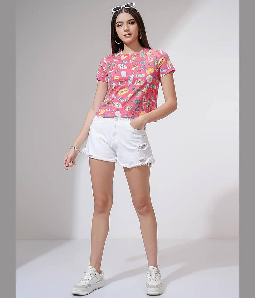 Tokyo Talkies Women Poly Cotton Regular Fit Round Neck T-Shirt ( Pink ) view 2