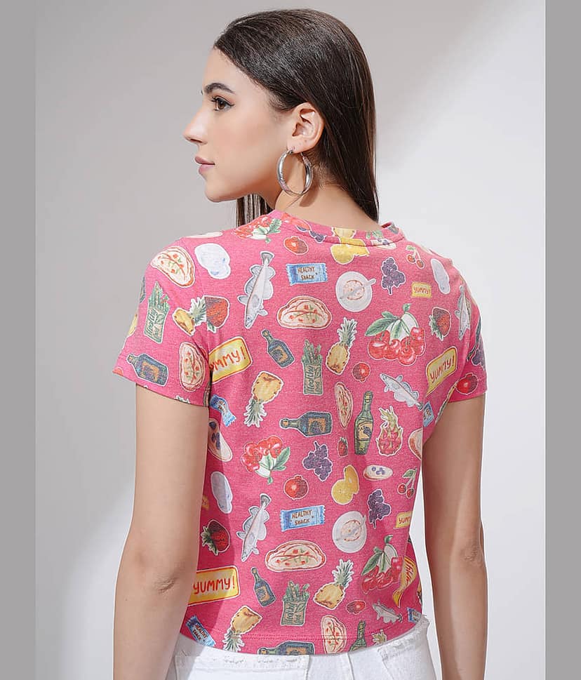 Tokyo Talkies Women Poly Cotton Regular Fit Round Neck T-Shirt ( Pink ) view 3