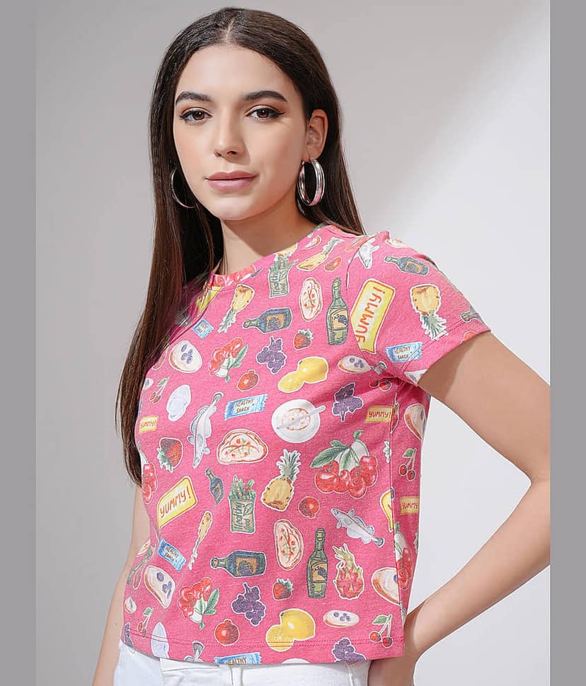Tokyo Talkies Women Poly Cotton Regular Fit Round Neck T-Shirt ( Pink ) view 4