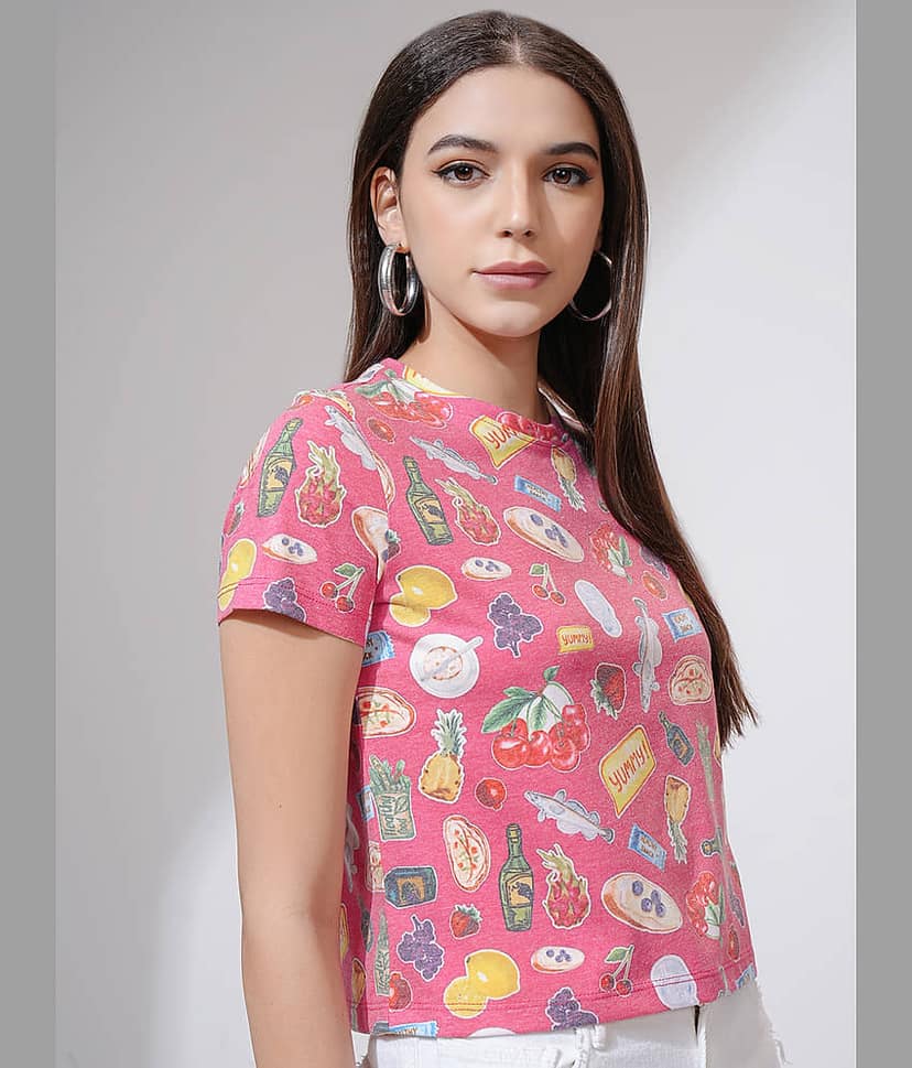 Tokyo Talkies Women Poly Cotton Regular Fit Round Neck T-Shirt ( Pink ) view 6