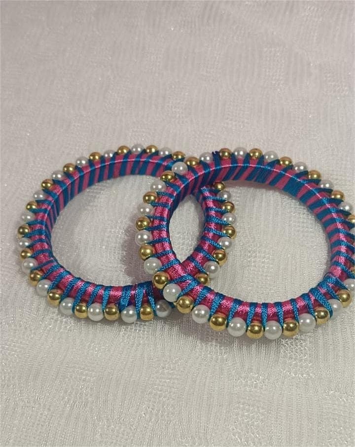 Blue and Pink Silk Thread Bangle with Pearls view 2