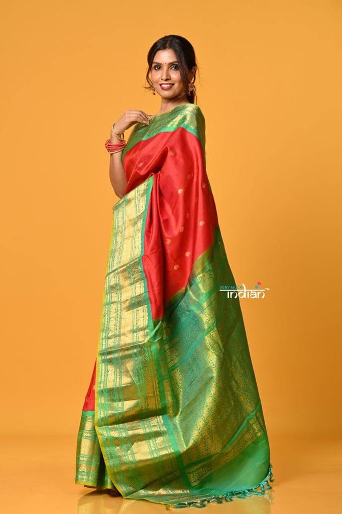 Param Sundari ~ Gadwal Pure Silk Handloom Saree in Royal Red with Green Border view 2