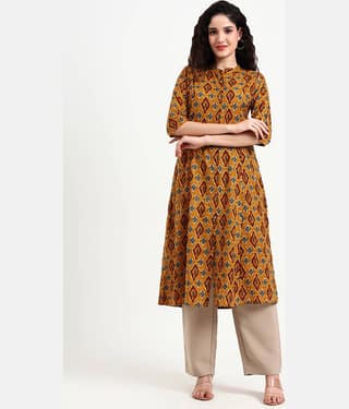 Divena Women Cotton Printed A-line Kurti ( Mustard )