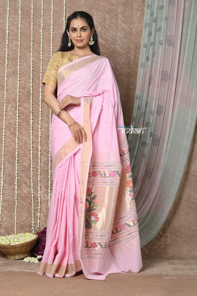 Tyohaar ~Handloom Pure Cotton Paithani Saree with Traditional Asawali Pallu ~ Blush Pink view 2