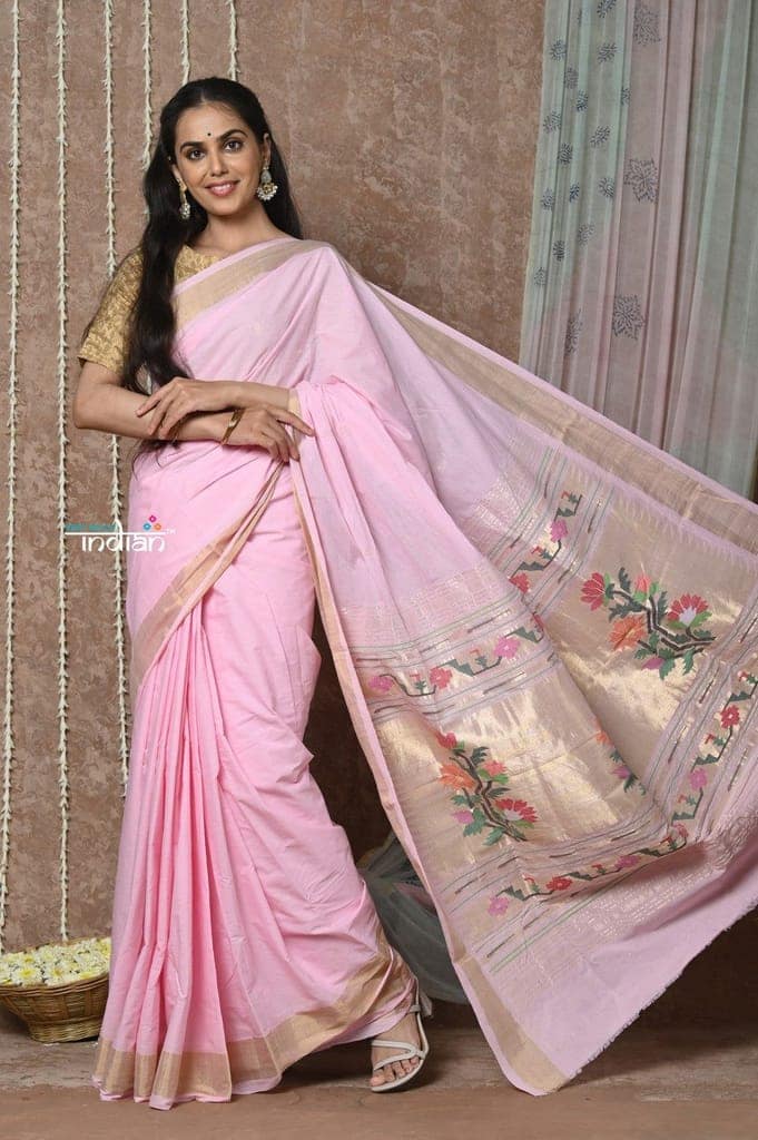 Tyohaar ~Handloom Pure Cotton Paithani Saree with Traditional Asawali Pallu ~ Blush Pink view 3