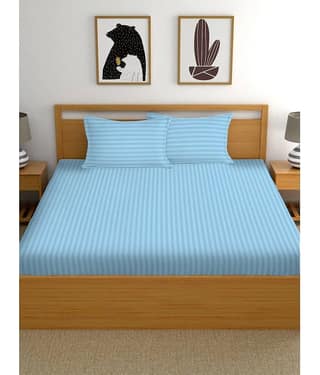 CTF Bedding Microfiber Solid Satin Stripe King Fitted Bed Sheet with 2 Pillow Covers -Blue